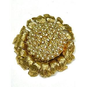 HAR Brooch Faux Pearl Clear Gold Vtg Estate Jewelry Vintage Pin N19